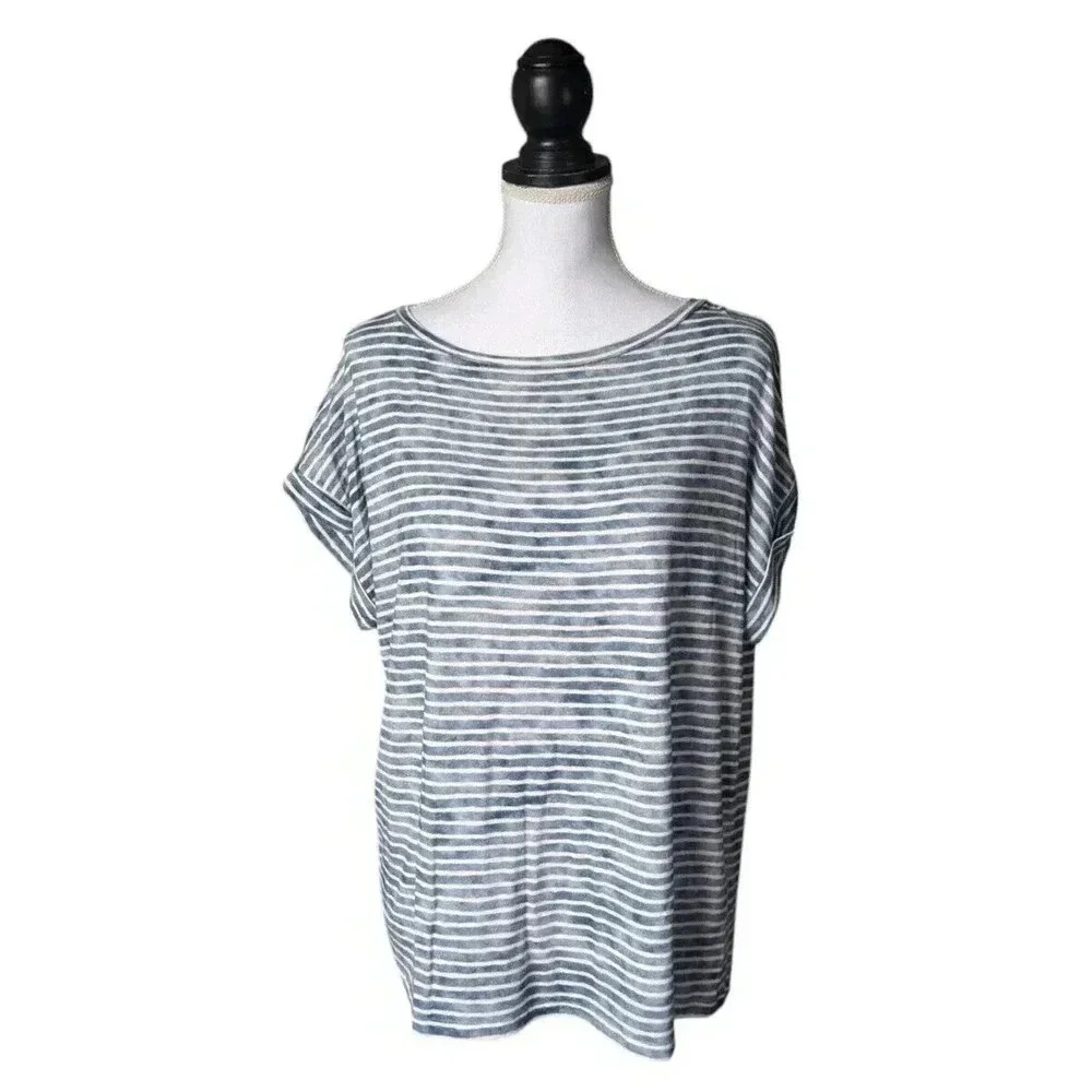 Majestic Filatures Blue White Striped Short Sleeve T Shirt Size 3 Medium Linen